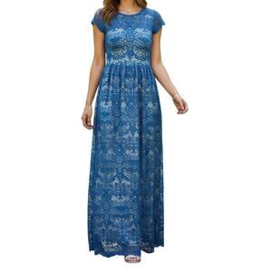 Monique Lhuillier ML teal lace applique floor length gown formal maxi dress  2